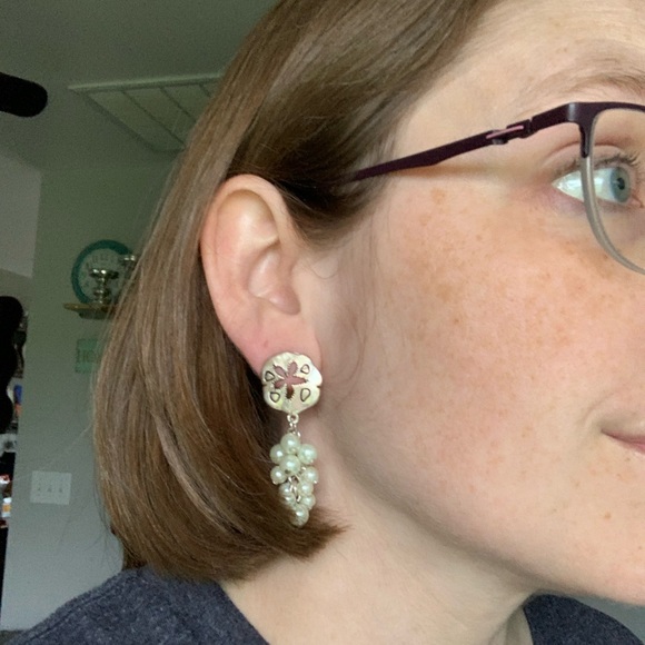 Silver Sand Dollar & Freshwater Pearl Cluster Dangle Earrings - Picture 5 of 7